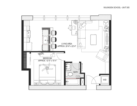 Floor plan for 1 bed, 1 bath, 700 sqft